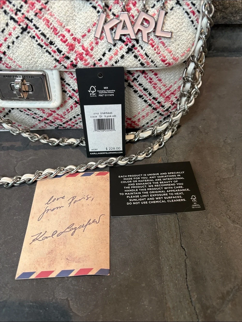 Karl Lagerfeld Tweed Shoulder Bag with Pink Plaid